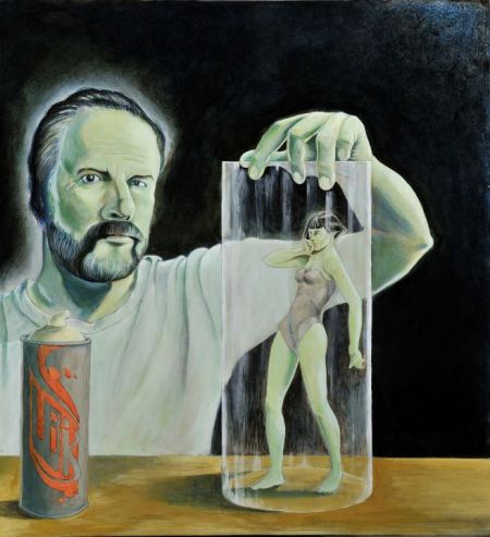 Tommaso Pincio "Ritatto di Philip K. Dick con ragazza dai capelli neri in campana di vetro", 2009, olio su tavola, cm. 65 x 60