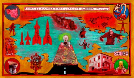 Tommaso Pincio "Nova et accuratissima Gravity's Rainbow tabula" (2013) olio e matita su carta cm. 47 x 80